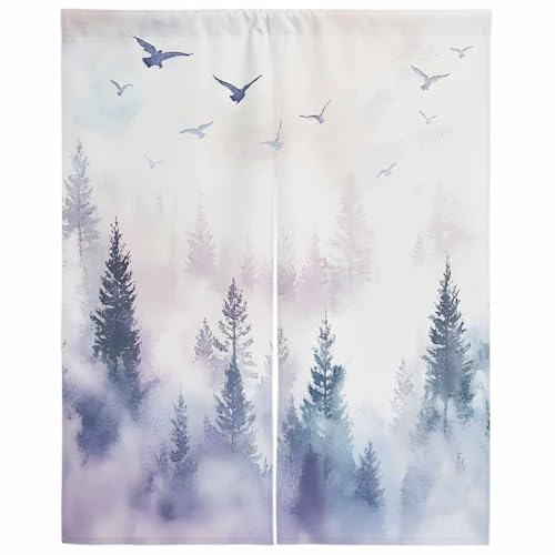 Lalirulero のれん 遮光 幅75x丈170cm おしゃれ 暖簾カーテン 間仕切り 仕切り 防寒 防音 目隠し 厚手 和風 出入り口 グッズ 寝室 玄関 キッチ リビング 春夏秋冬 森林 山頂 風景 水彩 木 シルエット