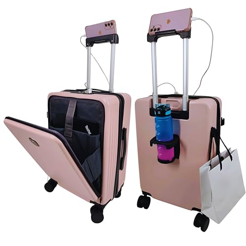 M4268782 CAMIR Maleta de Viaje Cabina USB Inteligente con Bolsillo Frontal Portátil, Equipaje de Mano 4 Ruedas, Candado TSA, 55x36x24 cm ABS+PC, Rosa Claro