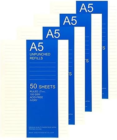 A5 Ruled Loose Leaf Filler Paper For Ring Binder Notebook Planner Inserts - Unpunched Refills, 50 Sheets x 4 Packs, 200 Sheets, 400 Pages, 100gsm, IVORY