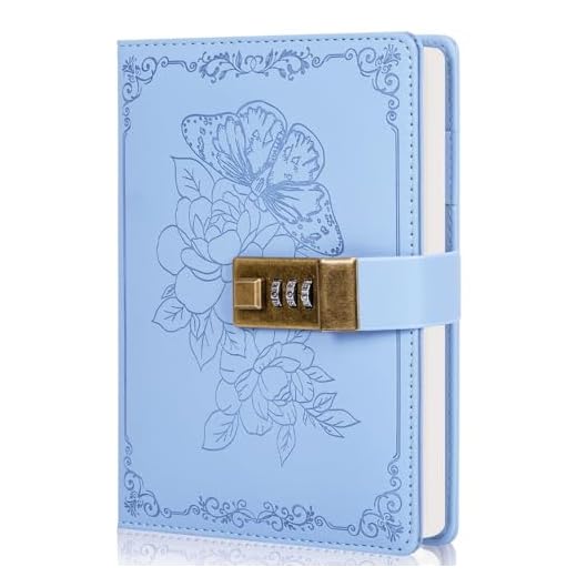 Billtigif Diary with Lock, Vintage Lock Journal for Women and Girls, Hardcover Leather Journal for Gift, Refillable Lined Journal Notebook,5.2"x 7.3", （Light Blue）