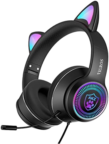 VIGROS Cat Ear Gaming Headphones Wired AUX 3.5mm with LED Light, Flashing Stereo Game Headphones Surround Sound Over-Ear Headsets with Microphone Fit Kids & Adult for PC, PS4, Switch, Mobile, Laptop
