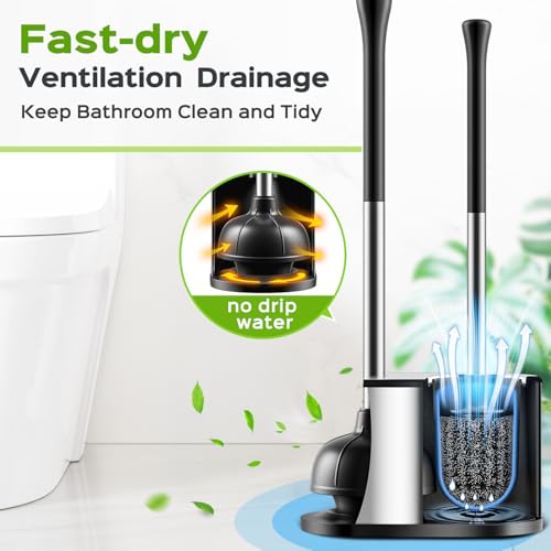 Image of HAMITOR Toilet Plunger and Brush Set: Bathroom Powerful Cleaning Round Bristle Brush - Stainless Steel Heavy Duty Unclogging and Bowl Brush Combo - Compact Home Apartment Restroom Decor Accessories
