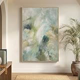 Extra Large Framed Teal Abstract Wall Art, Oversized Vertical Sage Green Canvas Prints Paintings Artwork for Walls, Modern Minimalist Pictures Wall Decor for Living Room Bedroom Hallway 40x60 In