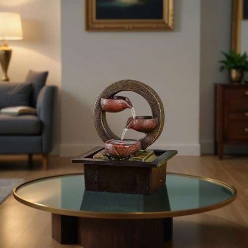 Zen'Light Zimmerbrunnen Zen Terai, originelle Innendekoration, natürlicher Wasserfluss, mehrfarbige LED-Beleuchtung, leise, L 17 x B 21 x H 25 cm, Braun