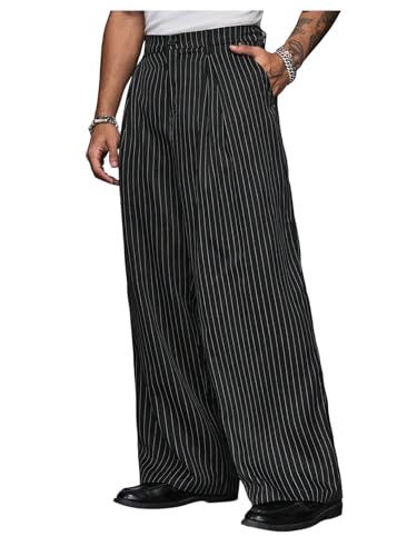 Men's Baggy Dress Pants Striped Straight Leg Zipper Fly Work Office Suit Pants with Pockets