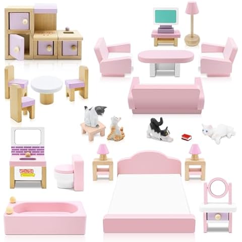 28Pcs Wooden Dollhouse Furniture Set for Kids Cover