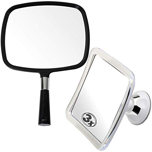 Mirrorvana Large & Comfy Hand Held Mirror with Handle - Barber Model in Black and 3X Magnifying Shower Mirror with Suction Cup, Fogless and Shatterproof with 360° Swivel, 6.3