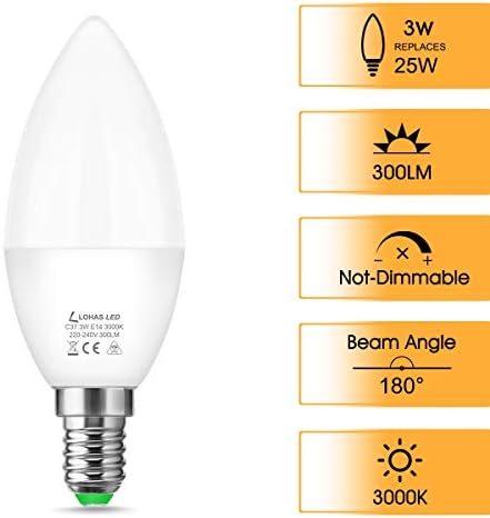 LOHAS-LED E14 LED Candle Lights, 3W C37 Small Edison Screw Light Bulb, 25W Incandescent Bulb Equivalent, 3000K Warm White, Non-Dimmable, 300LM, 180°Beam Angle, 220-240V, Pack of 6