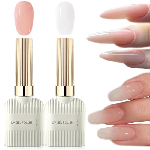 Jelly Gel Nail Polish Set, Milky White and Nude UV Gel Nail Polish, 15ML Each Translucent Nude Builder Gel For Nails, Jelly Gel Polish Varnish Kit for French Manicure DIY(Nude & Milky White)