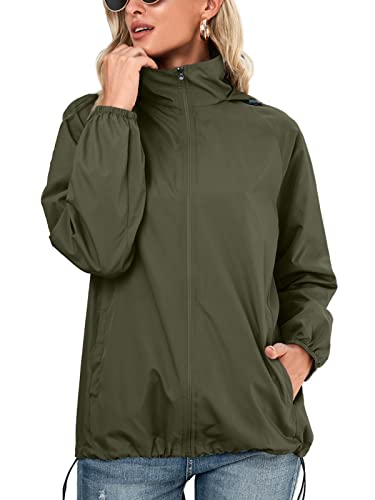 SotRong Wasserdichte Jacken Frauen Packbare Regenjacke Leichte Frühling Sommer Jacke Schnell Trocken Reißverschluss Outdoor Kapuzenjacke, armee-grün, 42