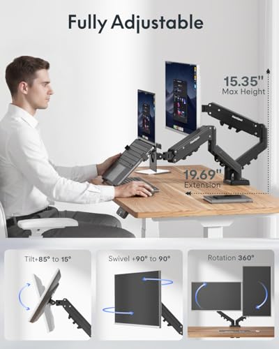 Image of FlexiSpot Laptop Mount, Dual Monitor Arm with Laptop Tray, Fits Up to 32 Inch Monitor and 17.3 Inch Notebook, Full Adjustable Gas Spring Holds up to 19.84lbs per Arm for Office & Home, Black