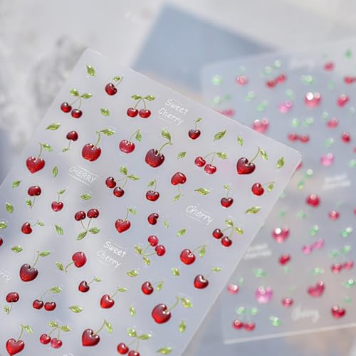 1 Sheet Cherry Nail Art Stickers 5D Cherries Nails Decals Cute Summer Fruits Nail Stickers Green Leaves Nail Supplies Jelly Cherry Nail Decorations for Women Spring Summer DIY Manicure Accessories