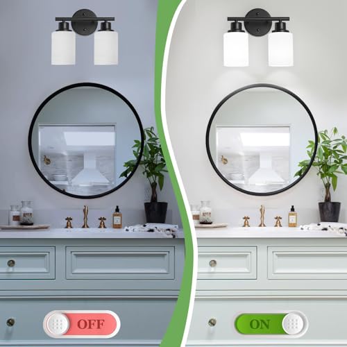 Image of 2-Light Vanity Lights, Black Bathroom Light Fixture with Striped Textured Milky White Glass Shade, Modern Vanity Lighting Fixture for Bathroom Wall Light Over Mirror, E26 Wall Sconce