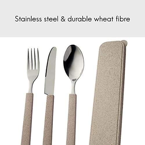 Viners Organic On The Go Cutlery Set | Travel Flatware Knife, Table Fork, Dessert Spoon & Case | Natural Colour, 4 Piece, Stainless Steel