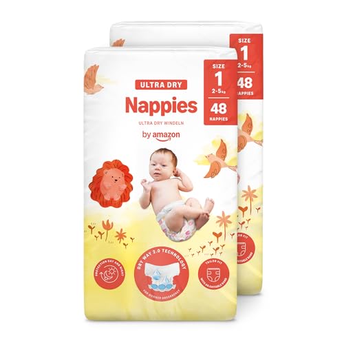 Marca Amazon - Mama Bear Pañales ultra-secos, Talla 1 (2-5 kg), Con canales, Bianco, 96 Unidad (2 Paquetes de 48) - Nueva versión