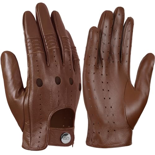 GSG SINCE 1998 Lederhandschuhe Herren – Ungefüttert & atmungsaktiv mit zusätzlicher Belüftung, Touchscreen Fahrhandschuhe aus Schafsleder für Auto & Motorrad Braun L