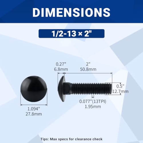 Image of 1 /2-13 x 2 Black Carriage Bolts with Nuts and Washers Kits (8 Sets), 304 Stainless Steel 18 /8, Black Finish, Round Head, Square Neck, Heavy Duty Bolts, Indoor Outdoor Fastening Bolts, Fayeploo