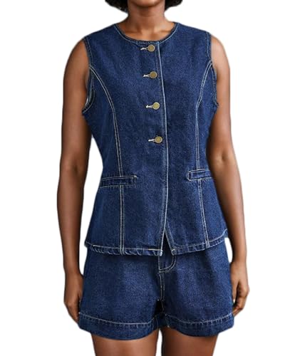 SOMTHRON Women's Denim 2 Piece Outfits Sleeveless Button Down Blazer Vest Tops High Waisted Jean Shorts Set2