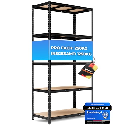ALL Premium Schwerlastregal 200x100x50 cm Schwarz - 1250kg Traglast – Schwerlastregal Schwarz, vielseitiges Regal 100 cm breit, Regal 50 cm tief, ideal für Keller & Lager