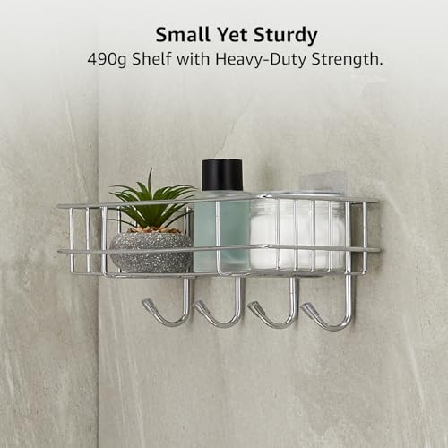 Image of Amazon Basics Self-Adhesive Wall Shelf - No-Drill Multipurpose Bathroom /Kitchen Organizer with Hooks and Towel Holder, Rust Proof GI Steel Organizer | Chrome, 28.2 x 9.8 x 11.5 cm, Pack of 3