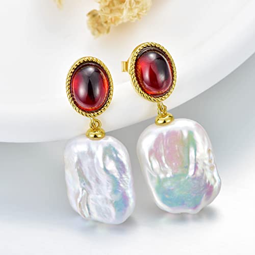 Bethza Garnet Dangle Earrings 12Mm Gold Plated With Natural Pearl 925 Sterling Silver Natural Garnet Stud Earrings Natural Baroque Pearl Earrings For Women Jewelry Gift For Girls Women Wife #TOP4
