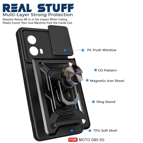 Image of Armor Bumper Back Cover Case for Motorola Moto G85 5G Rotating Camera Cover, Ring Holder & Kickstand | Heavy Duty & 360 Degree Protection Motorola Moto G85 5G Back Cover (Black)