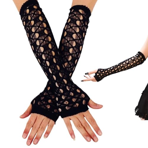 Medium-Long Hollow-Out Party Gloves, Fashionable Black Stretchy Breathable Fingerless Gloves