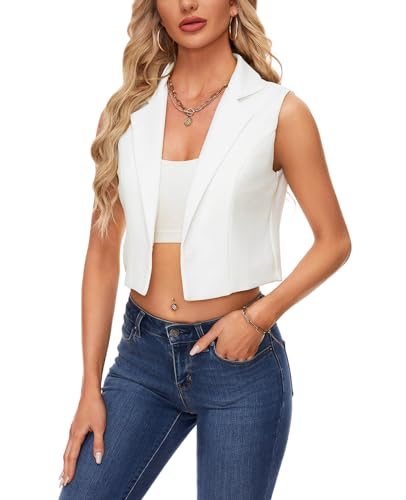 MINTLIMIT Women's Sleeveless Crop Blazer Vest Notched Lapel Button Front Jacket Blazers Casual Work Office Suit Vests2