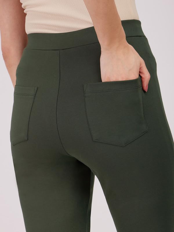 Image of FableStreet Women's Bootcut Stretch Livin Trousers | Nylon Rayon with Mid-Rise Waist | Solid Pattern & Plain Weave Fabric | Office Wear & Business Meetings