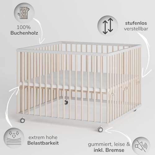 Sämann® Laufgitter 100x100 cm mit Matratze und Schlupfsprossen, stufenlos höhenverstellbar, Baby Laufstall, Buche, gummierte Rollen, Buche weiß/natur lackiert