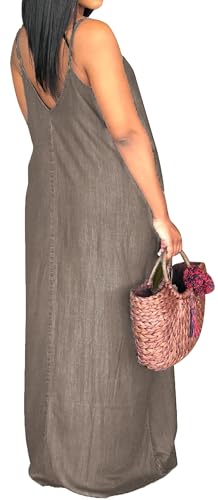 Image of SeNight Women's Maxi Denim Dress Spaghetti Strap with Pockets | Maxi Denim Dress Spaghetti Strap Loose Fit Summer Beach Long Dress with Pockets