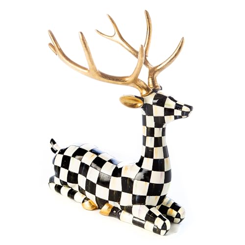 MACKENZIE-CHILDS Checkmate Deer Statue, Black-and-White Christmas Deer Decor, Sitting