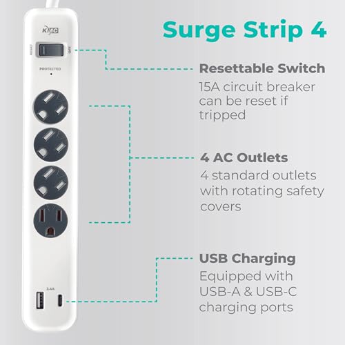 KMC Protector eléctrico con 4 tomas, 1 puerto USB-A y 1 puerto USB-C, protección contra sobretensiones de 840J, cable de extensión de 5 pies, enchufe plano de bajo perfil de 3 clavijas, blanco miniatura 2