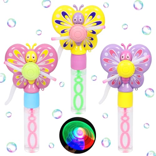 3 Stück Seifenblasen Kinder, Mini Seifenblasen Stab, Farbenfrohe Schmetterling Seifenblasenstab mit Leuchtender Funktion, Schmetterling Bubble Sticks Geschenke für Geburtstag Hochzeit Sommer Party