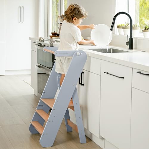 Comfy Cubs Kids Step Stool for Ages 3+, 3 Height Adjustable Toddler Tower, Montessori Furniture Designed in The US - Toddler Standing Tower for Kitchen Sink & Bathroom Access - Pacific Blue