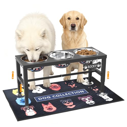 3-in-1 Elevated Dog Feeder with 3 Stainless Steel Bowls Heavy Iron Stand Custom Name Plate Non-Slip Mat - Easy Clean for Multiple Dogs