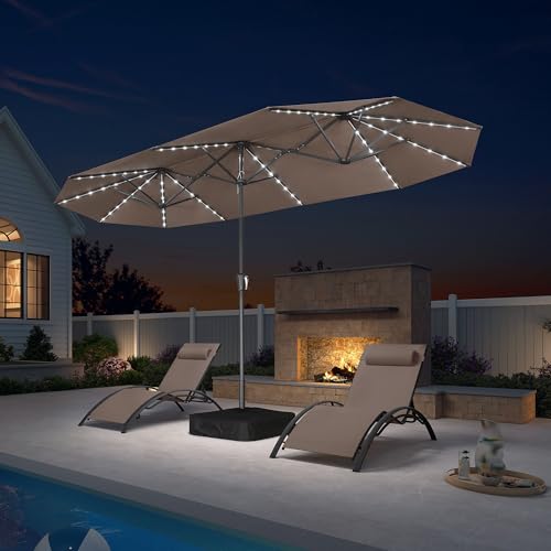 Image of PURPLE LEAF Patio Umbrella 13ft with Base and Solar Lights Outdoor, Taupe