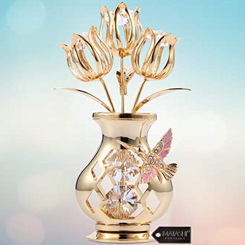 Matashi 24K Gold Plated Hummingbird Crystal Studded Flower Ornament In Vase With Decorative Tabletop Ornament | Great Gift For Mother's Day Anniversary Birthday | Home Office Decor #TOP3