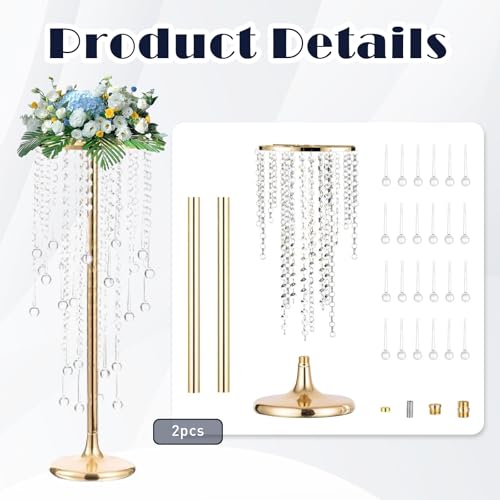 2 Pcs Crystal Flower Stand Wedding Centerpieces for Tables, 21.7 in Tall Tabletop Gold Metal Flower Arrangement Holder, Elegant Bulk Metal Vases for Wedding Party Event Reception, Birthday - Image 5