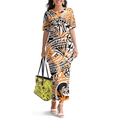 Image of Polynesian Dress for Women Short Sleeve High Waist Maxi Skirt | Puletasi dress, t-shirt and skirt two-piece, elastic material, lightweight, soft, plus size, luau party, wedding, clubwear