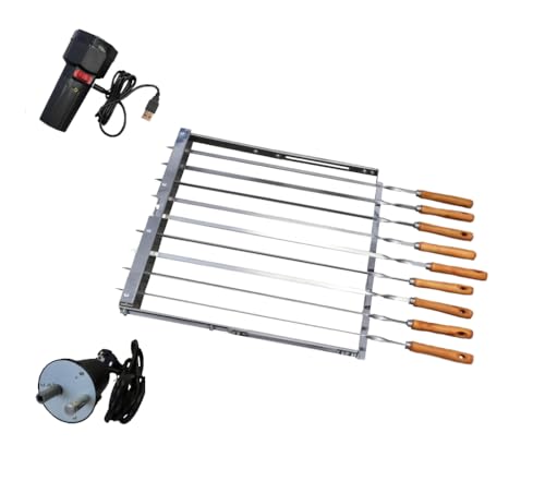 walexo Spießdreher aus Edelstahl mit 230V und 5V USB-Antrieb inklusive 9 Grillspieße mit Holzgriff – Verstellbarer Aufsatz für Mangal Grill und andere Modelle