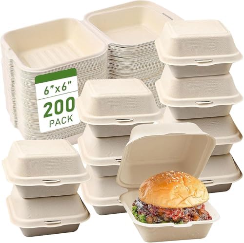 200Pack Clamshell Take Out Food Containers, 100% Compostable Disposable To Go Containers, 6X6 Heavy-Duty To Go Boxes