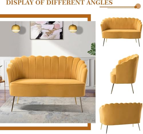 Image of Velvet 2 Seater Sofa Upholstered Loveseat Couch with Metal Legs Arm Backrest for Living Room Bedroom (Yellow)