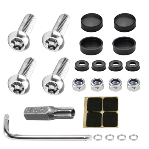 4PCS Stainless Steel License Plate Screws Kit, Anti-Theft Rustproof Tamper Resistant Bolt, Car Tag Plate Frame Mounting Hardware Security Fastener with Black Cap, Anti-Rattle Pad (Flat-end)