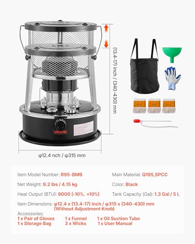 Image of VEVOR 9000 BTU Portable Kerosene Heater & Stove, 2 in 1 Non-Electric Indoor Outdoor Heater with Adjustable Height & Flame & Easy Storage,for Camping, Hunting, Cooking, Home, Garage, Black