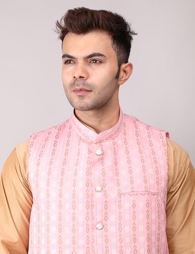 Image of Men's Cotton Silk Blend Regular Kurta Pyjama, Embroidered Nehru Jacket /Waistcoat Set