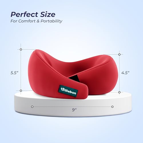 Image of Billebon Gel Infused Memory Foam Neck Pillow with Case, Travel Pillow with Adjustable Velcro Straps, Neck Pillow for Travelling & Flight Travel, Ergonomic Support for Comfort & Pain Relief (Red)