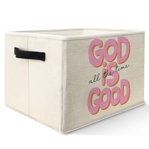Yhtrg Pink Christian Storage Basket with Handles, God is Good All the Time Bible Verse Religious Collapsible Fabric Storage Bins Organizer Bag for Girls Dorm Bedroom Bathroom Clothes Toys Books