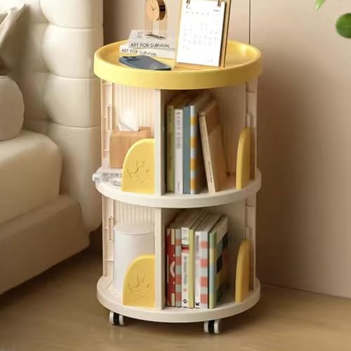 Libreria rotante per bambini con ruote a 2 ripiani in plastica gialla ad angolo libreria per piccoli spazi design salvaspazio per libri e giocattoli per bambini.