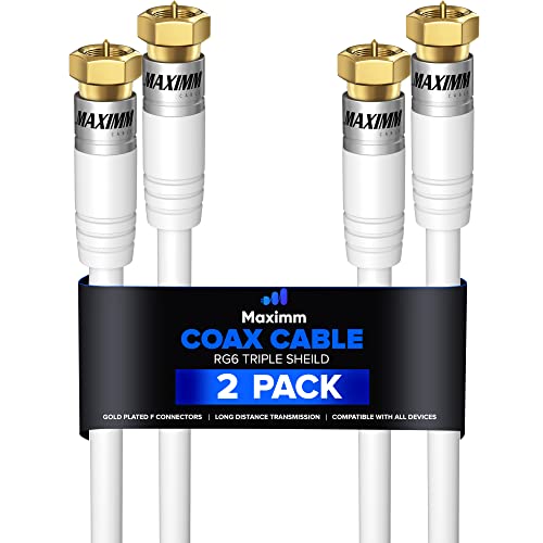 Maximm - RG-6 | 20 Ft | White | 2 Pack | UL CL2 Certified Cable Quad Shielded Coaxial Cable For Satellite TV & High Speed Internet Digital Video Cables.
